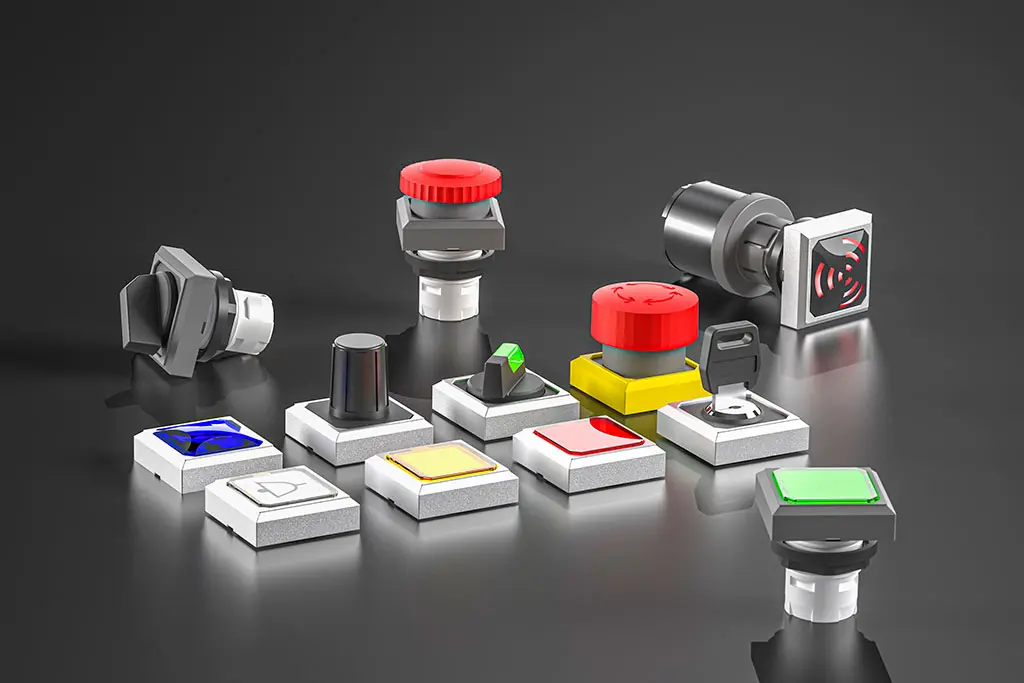 Not-Halt-Taster, quadratische Drucktasten und Wahlschalter auf einer schwarz-spiegelnden Oberfläche. Manche Taster liegen, andere stehen. 