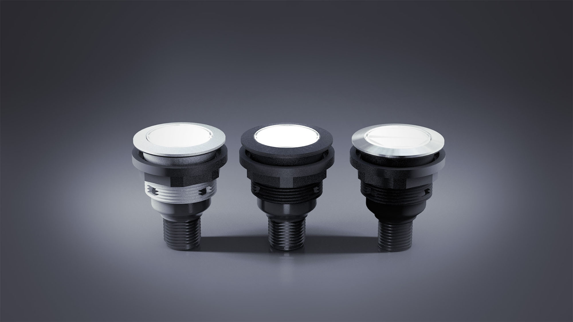 The picture shows control units with black, silver and stainless steel front ring.