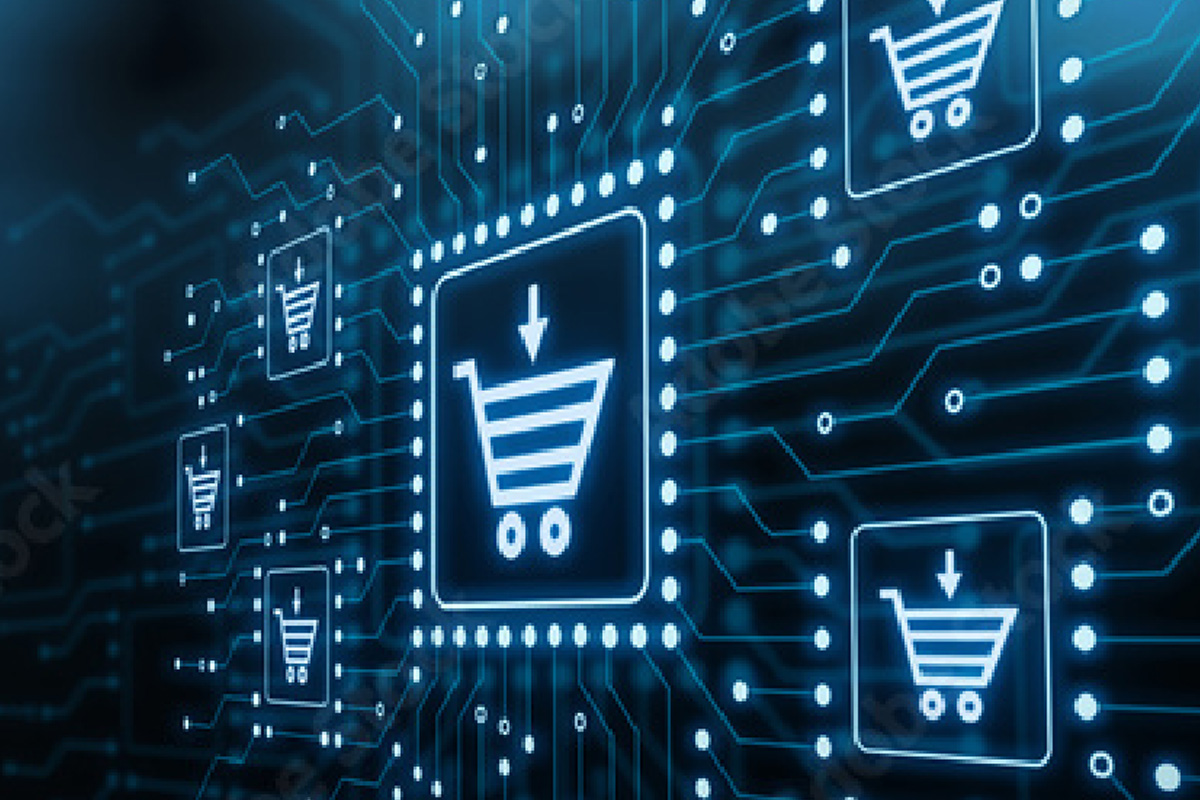 Ein Warenkorb-Icon perspektivisch auf ein Schaltbild platziert. Ein Pfeil zeigt in den Warenkorb. Blaue, weiße Linien und Kreise auf einem schwarzen Hintergrund.