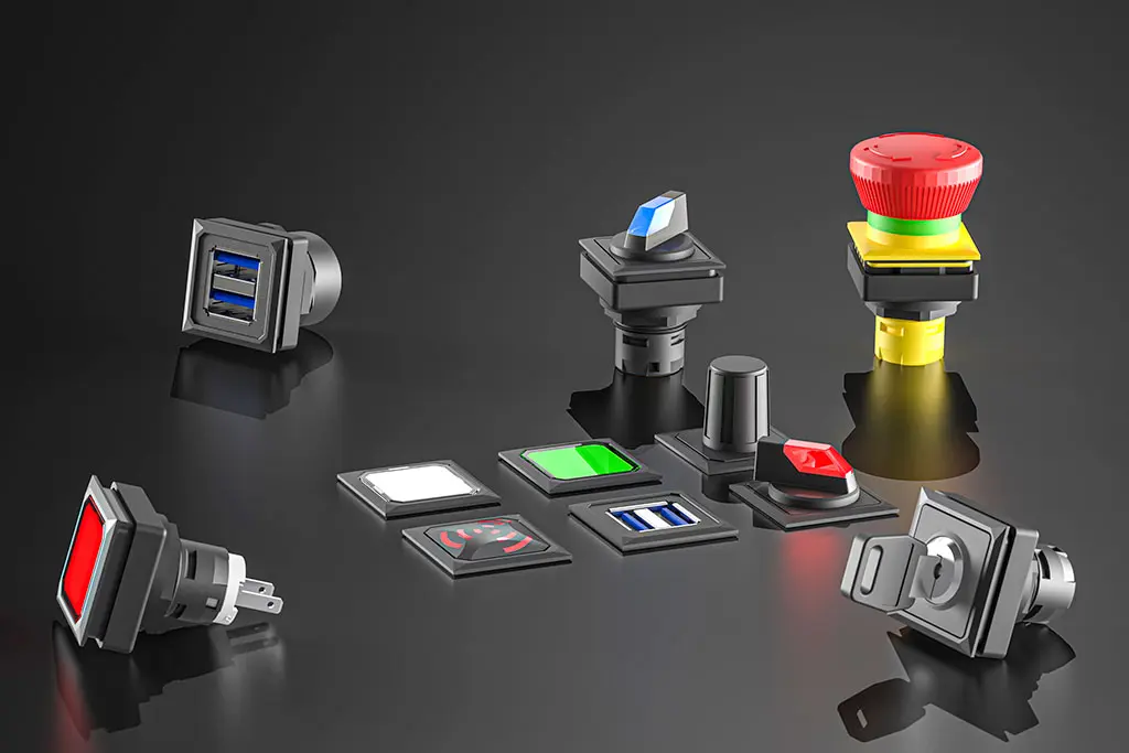 Not-Halt-Taster, quadratische Drucktasten, Schlüsselschalter und Wahlschalter auf einer schwarz-spiegelnden Oberfläche. Manche Taster liegen, andere stehen.