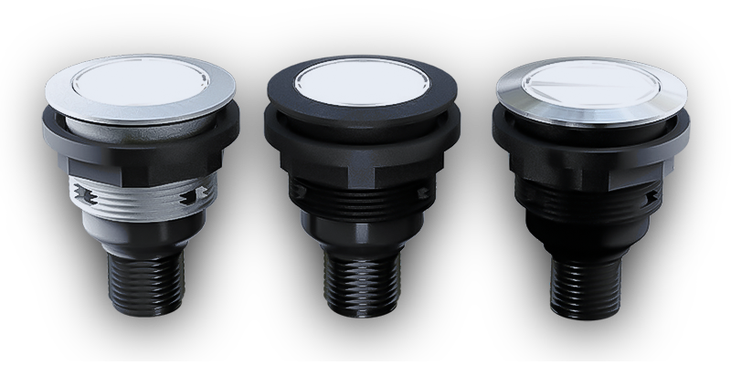 The picture shows control units with black, silver and stainless steel front ring.