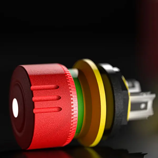 Ein Not-Halt Taster mit roter Taste und in der mitte eine weiße LED.