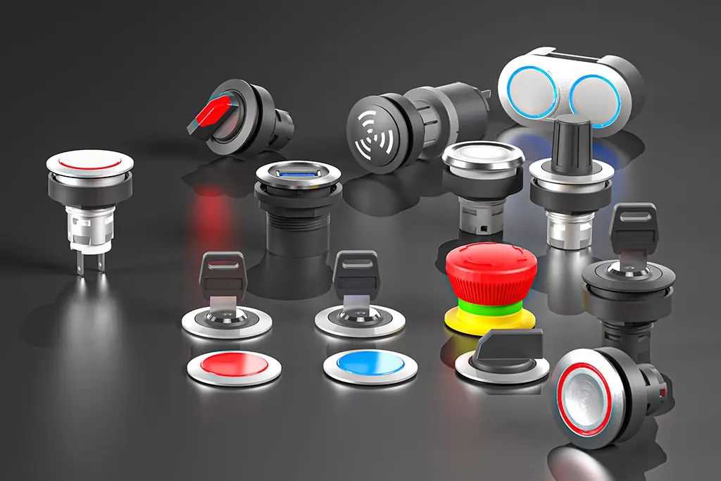 Not-Halt-Taster, Drucktasten, Schlüsselschalter und Wahlschalter auf einer schwarz-spiegelnden Oberfläche. Manche Taster liegen, andere stehen.