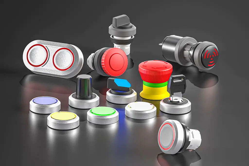 Not-Halt-Taster, Drucktasten, Schlüsselschalter und Wahlschalter auf einer schwarz-spiegelnden Oberfläche. Manche Taster liegen, andere stehen.