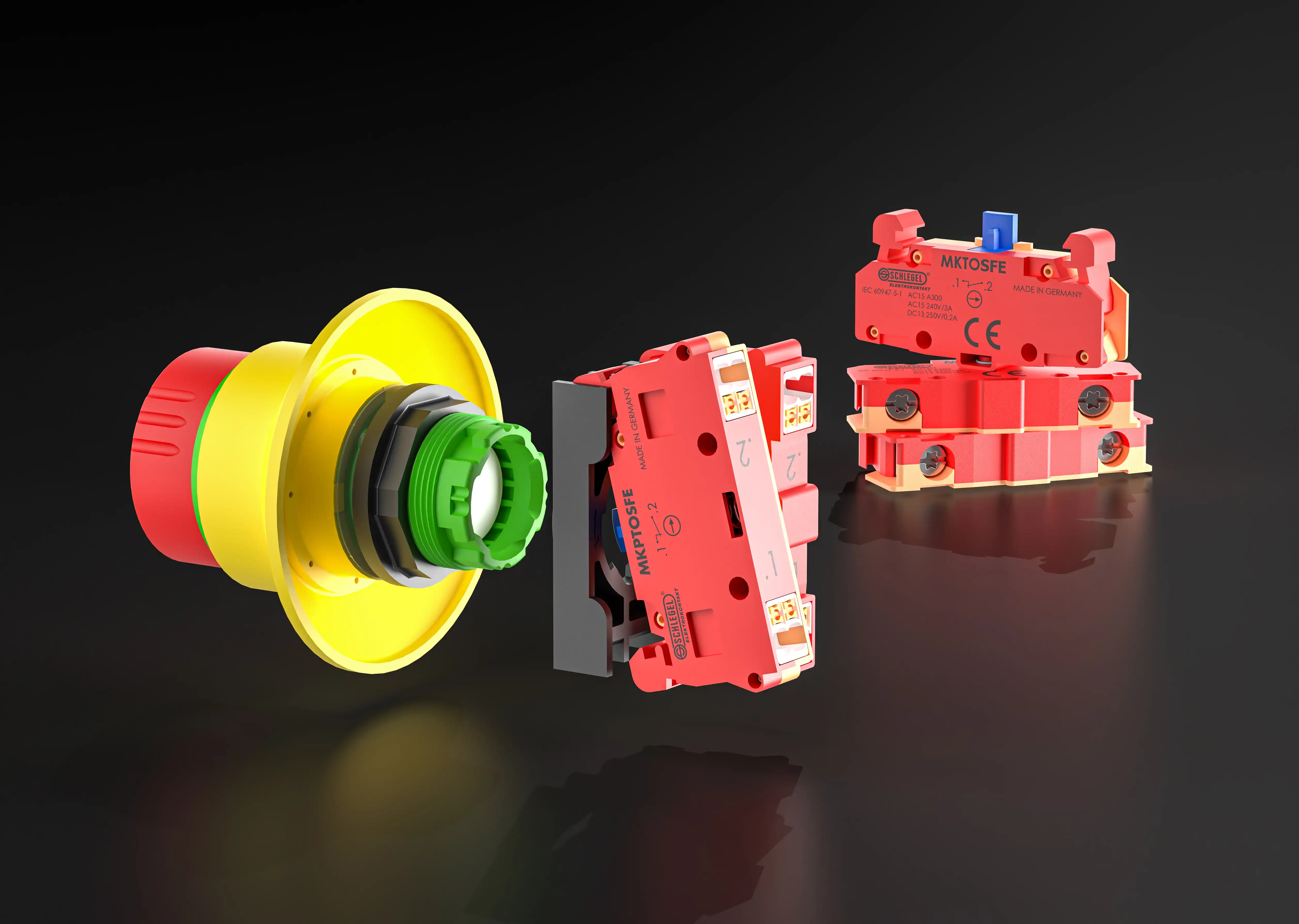 Die Rückseite eines Not-Halts und rote Kontaktgeber.