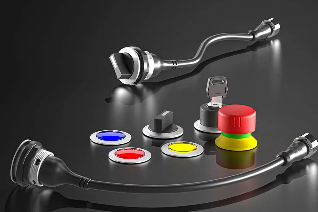 Not-Halt-Taster, Drucktasten, Schlüsselschalter und Wahlschalter mit M12-Kabeln auf einer schwarz-spiegelnden Oberfläche. Manche Taster liegen, andere stehen.