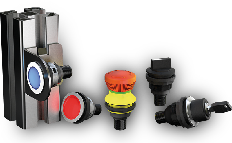 In the picture you can see a push button, selector and key switch, signalling LEDs and emergency stop switch.