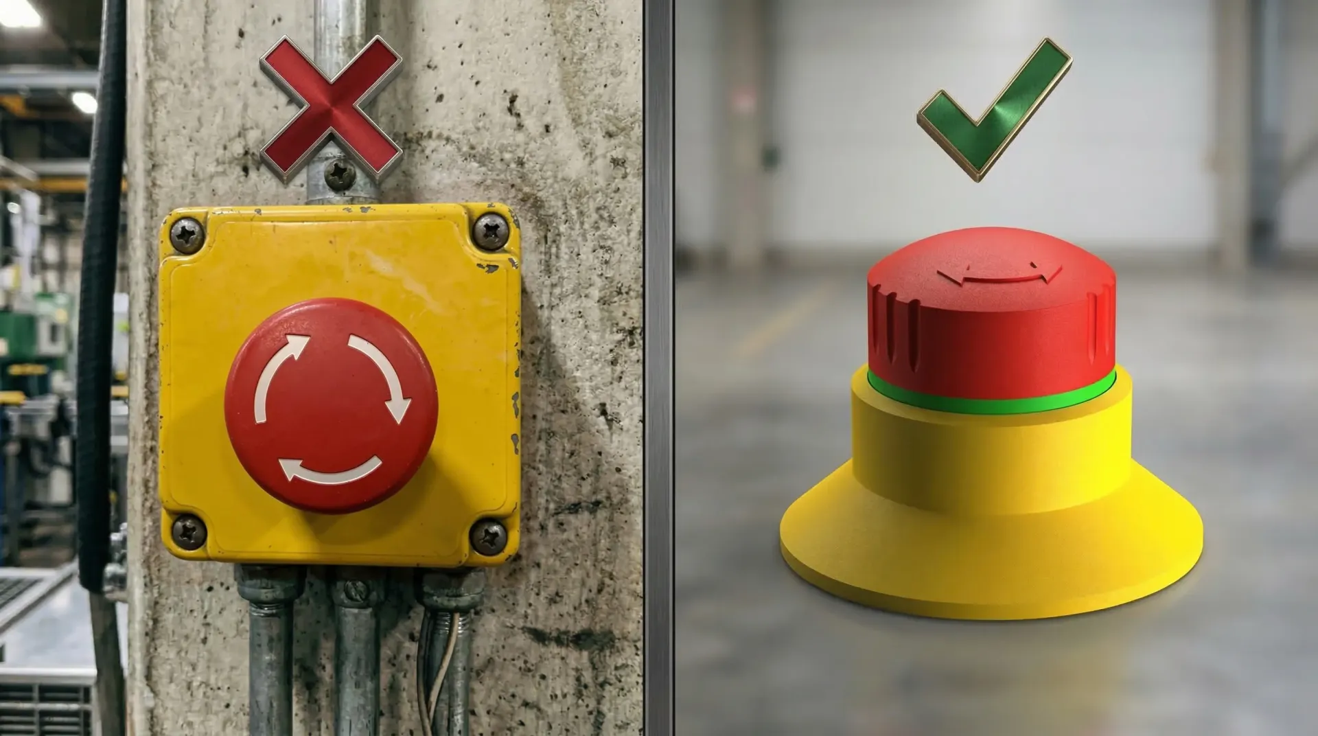 Emergency-stop with white arrows: Permitted under DIN EN ISO 13850?